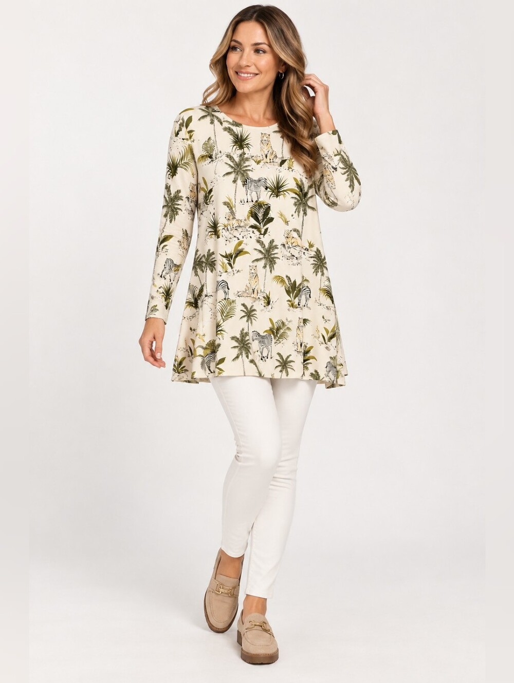 Antthony Tropical Safari Animal Print Tunic Top Long Sleeve Ivory Green Cats M